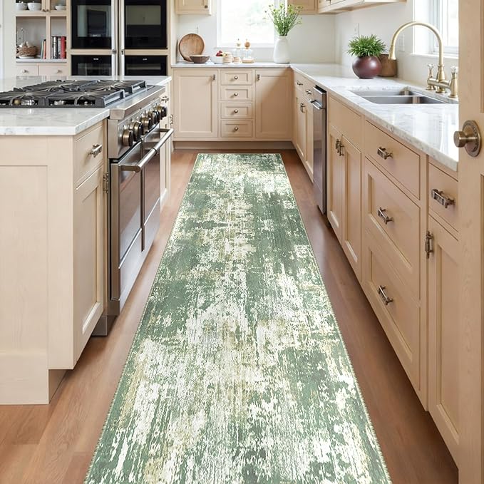 RELEANY Washable Area Rugs 2'x10' Non-Slip Modern Abstract Soft for Living Room Entryway Bedroom Kitchen, Print Pattern, Light Green/Yellow