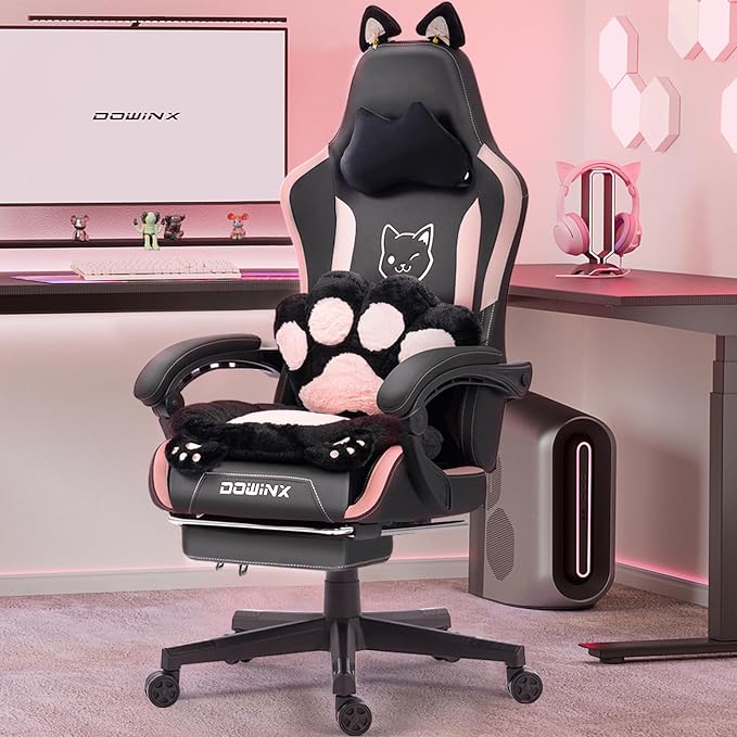 Dowinx Pink Gaming Chair with Cat Ears and Massage Lumbar Support, Ergonomic Computer Chair with Footrest and Headrest, Comfortable Reclining Game Chair 292lbs for Adults, Black