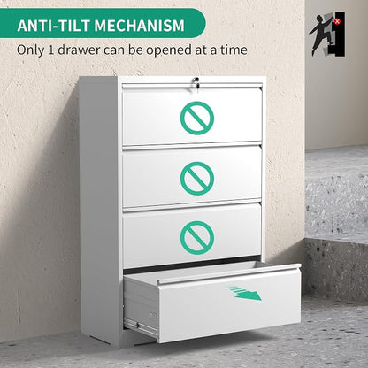 IKIMI 4 Drawer Lateral File Cabinets,White Metal Lateral Filing Cabinet for Home Office,Wide Steel Storage Cabinet Commercial Drawer for Legal/Letter/A4 Size Files