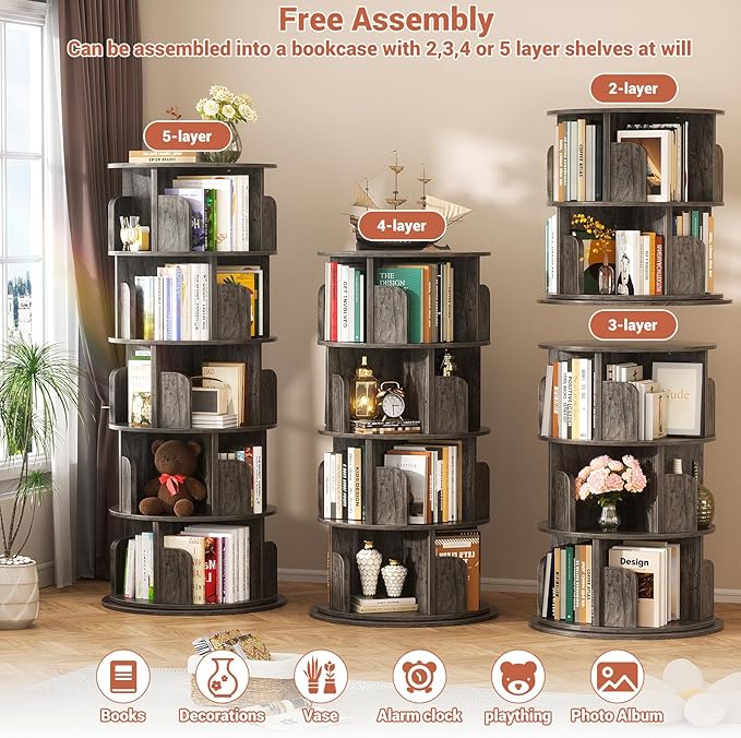 Besiost Rotating Bookshelf Tower, 5 Tier Spinning Bookcase, Revolving 360 Book Shelf Narrow Tall Bookcase, Vertical Turning Round Bookshelf Organizer, Wood Corner Book shelf for Small Space, Black Oak