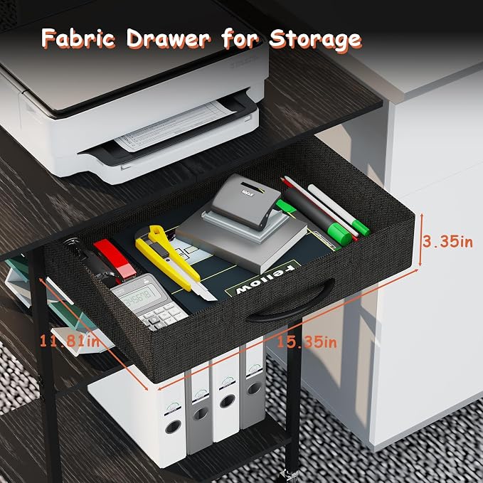 Arbuxzuy 3-Tier Printer Stand, Printer Table with Fabric Drawer, Industrial Printer Storage Cart with Wheels, Rolling Printer Stand for Heat Press Scanner Fax, Black