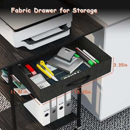 Arbuxzuy 3-Tier Printer Stand, Printer Table with Fabric Drawer, Industrial Printer Storage Cart with Wheels, Rolling Printer Stand for Heat Press Scanner Fax, Black