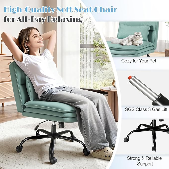 Furmax Criss Cross Legged Office Chair with Wheels, Armless Extra Wide Seat Swivel Desk Chair, Adjustable Height Comfy Task Chair with Thick Cushion for Home Office Bedroom Vanity (Fabric, Green)