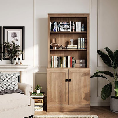FENSULN 72 in Tall Bookshelf 5 Tier Bookcase with Adjustable Shelves, Oak Book Shelf with Storage Cabinet, Wood Freestanding Display Bookshelves for Home Office，Bedroom, Living Room