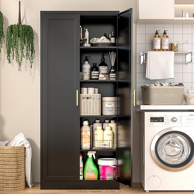 71" H Kitchen Storage Cabinet with 4 Adjustable Shelves, Metal Pantry Cabinet, Pantry Organizers and Storage Cabinet for Kitchen, Bathroom, Living Room (Black)