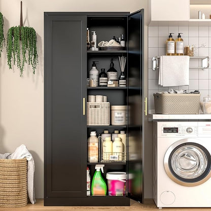 71" H Kitchen Storage Cabinet with 4 Adjustable Shelves, Metal Pantry Cabinet, Pantry Organizers and Storage Cabinet for Kitchen, Bathroom, Living Room (Black)