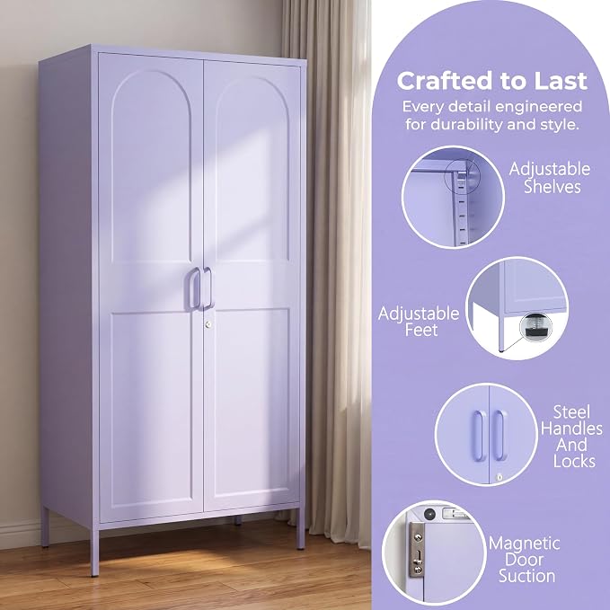 Lockable Metal Wardrobe Closet with Hanging Rod and 3 Adjustable Shelves,67" Metal Storage Cabinet with 2 Doors,Steel Armoire Wardrobe Closet for Bedroom Living Room Cloak Room (Purple)