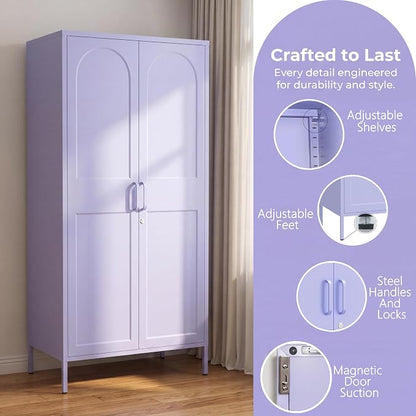 Lockable Metal Wardrobe Closet with Hanging Rod and 3 Adjustable Shelves,67" Metal Storage Cabinet with 2 Doors,Steel Armoire Wardrobe Closet for Bedroom Living Room Cloak Room (Purple)