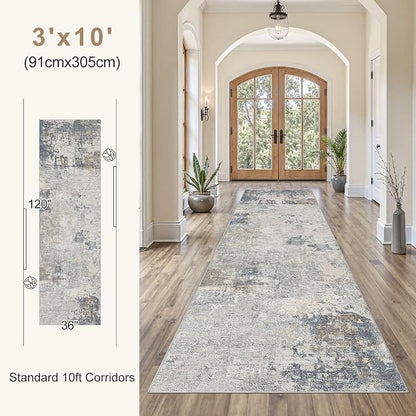 UERMEI 3x10 Washable Runner Rug for Hallway, Non Slip Low Pile Kitchen Carpet, Neutral Modern Abstract Indoor Floor Mat for Entryway Laundry, Kid & Pet Safe High Traffic Area, Blue Grey