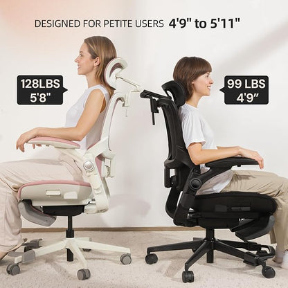 CabLady S2 Petite Office Chair for Women & Small Frames | 330lb Capacity, 4D Adjustable Lumbar/ Headrest, Flip-Up Arms & Footrest, Ergonomic Desk Chair