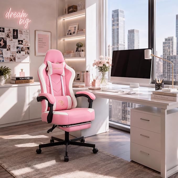 Desk Computer Gaming Chair - High Back Ergonomic Office Chair with Footrest and Lumbar Support, Swivel Comfy Home Gamer Video Game Chairs with Pocket Spring Cushion for Adults (Pink Leather)