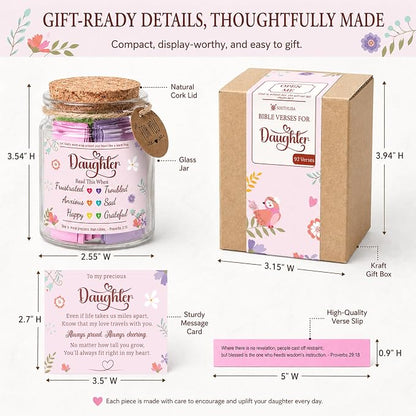 Bible Verses Jar for Daughter – Daughter Gifts From Mom, Graduation Gifts for Daughters, 92 Bible Verses Folded by hand, Christian Gift for Women