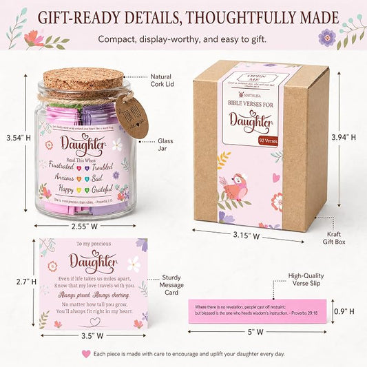 Bible Verses Jar for Daughter – Daughter Gifts From Mom, Graduation Gifts for Daughters, 92 Bible Verses Folded by hand, Christian Gift for Women