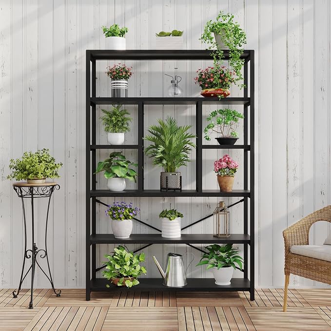 LVB 6 Tier Tall Black Bookshelf, Modern Large Wide Book Rack Storage, Industrial Wood Metal Etagere 6 Shelf Bookcase, Farmhouse Open Display Book Shelf Organizer for Bedroom Living Room Office, Black