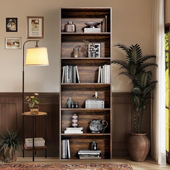 GRUSIGN 71" Tall 6-Tier Bookshelf, Large Open Display Bookcase with Ample Storage, Floor Standing Book Shelf for Living Room, Home Office, Bed Room, Brown