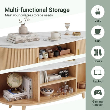 Seang Fluted Coffee Table with Storage,39" Oval Coffee Table with Dual Sliding Doors,Wooden Center Table for Living Room Home Office,Natural