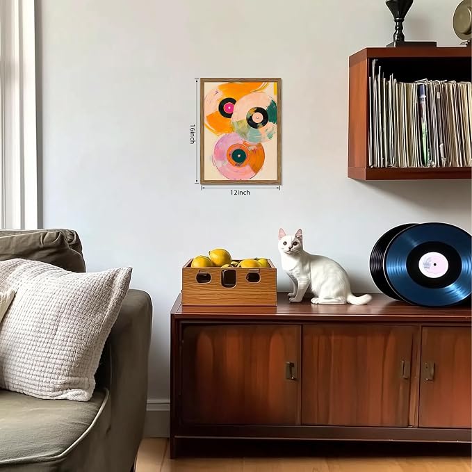 Vintage Vinyl Record Wall Art - Framed Canvas Music Decor for Living Room & Studio, Colorful Abstract Oil Painting in Wood Frame, Retro Record Player Print for Bedroom 12x16 inch