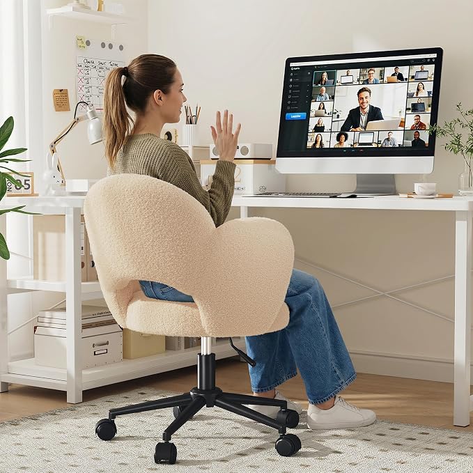 Homkdom Petal Vanity Chair with Wheels, 3.94" Thick Comfy Desk Chair, Swivel Armless Chair with Open Back and Adjustable Height, Ideal for Makeup Study Work and Relaxation, Creamy Beige