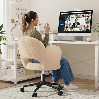 Homkdom Petal Vanity Chair with Wheels, 3.94" Thick Comfy Desk Chair, Swivel Armless Chair with Open Back and Adjustable Height, Ideal for Makeup Study Work and Relaxation, Creamy Beige