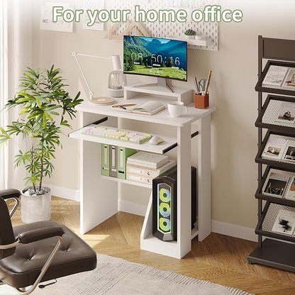 ALISENED Computer Desk, 30 Inch Compact Desk with Keyboard Tray & Monitor Stand for Space-Saving, Ergonomic Study Desk with Storage Shelves for Writing, Gaming, Working, White