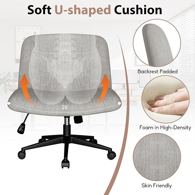 SUNLEI Cross Legged Office Chair with Wheels, Armless Wide Chair's for Vanity Desk, Criss Cross Comfy Chairs with Back, Desk Chair/s of Height Adjustable Swivel, Grey