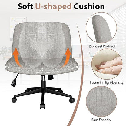 SUNLEI Cross Legged Office Chair with Wheels, Armless Wide Chair's for Vanity Desk, Criss Cross Comfy Chairs with Back, Desk Chair/s of Height Adjustable Swivel, Grey