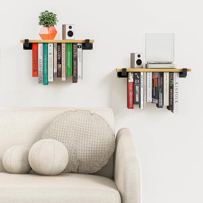 NANATI 2 Set of Floating Bookshelf, Pine Wood Invisible Bookshelf, Hanging Bookshelves for Wall, Unique Space Saving Wall Bookcase (16.5L×8.7W×1.5H)
