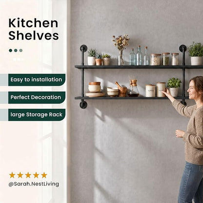 HDDFER Floating Shelves Wall Bookshelf Industrial Pipe Shelving Shelves Real Wood Planks 70 inch Rustic Wall Shelves Hanging Bookshelves Farmhouse Kitchen Bar Shelving