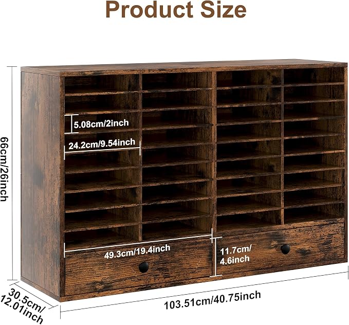 TQAVI Wood Classroom Mailbox 36 Compartments with 2 Drawer, Large Paper Organizer with Adjustable Shelves to Sorting Literature Bill, A4 Size File Organizer for Office School Home, Antique Brown