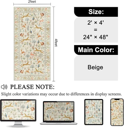 DUKINO 2x4 Rug for Hallway, Washable Kitchen Runner Rug with Non Slip Backing, Soft Low Pile Vintage Animal Runner for Bedroom, Kitchen, Hallway, Entryway, Laundry, Beige