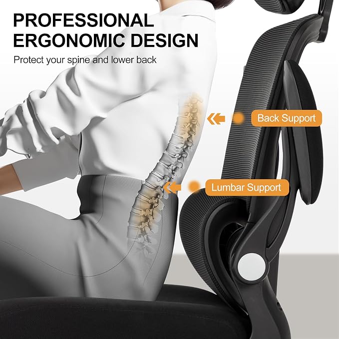 Ergonomic Office Chair,Home Mesh Office Desk Chairs,High Back Chair 330 LBS,Swivel Computer Task Chair with Adjustable Lumbar Support,Up&Down Flip-Up Arms,Rocking Function (Black)