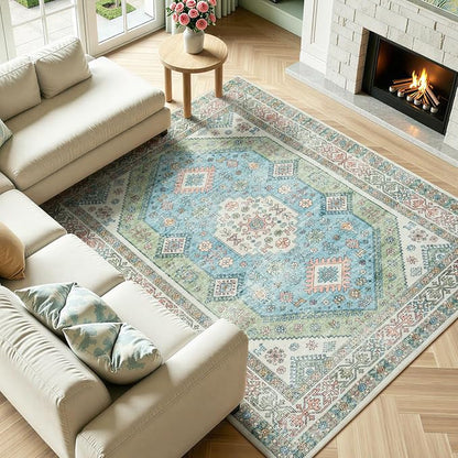 Lofus Vintage Living Room Rugs 5x7, Soft Machine Washable Area Rug for Bedroom Indoor Floor Home Office House Decor, Oriental Traditional Distressed Farmhouse Carpet, Boho Sage Green and Light Blue