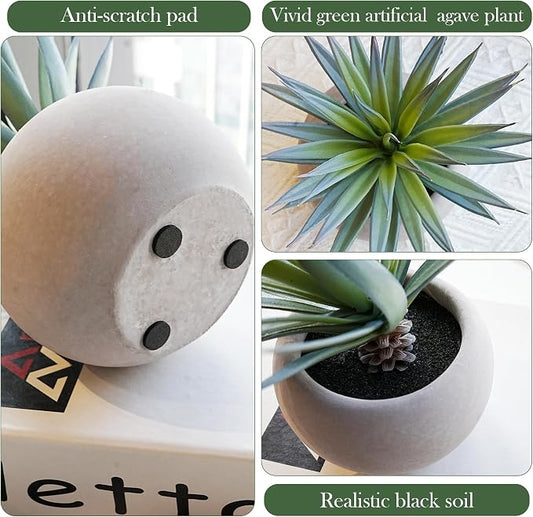 Jahe Agave Artificial Plants, Matte Pot Mini Artificial Plants Indoor, 8.07 in Faux Agave Plant UV Resistant Gray Cement Pot, Perfect for Bathroom Living Room Study Desk Decor, Ideal as a Gift, 2 Pcs