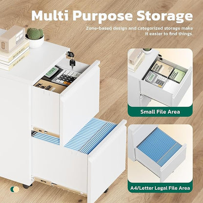 Greenvelly 2-Drawer Mobile File Cabinet with Lock, Metal Rolling Filing Cabinet on Wheels, Under Desk File Cabinet for Home Office, Fits Letter/Legal/A4 File (Assembly Required, White)