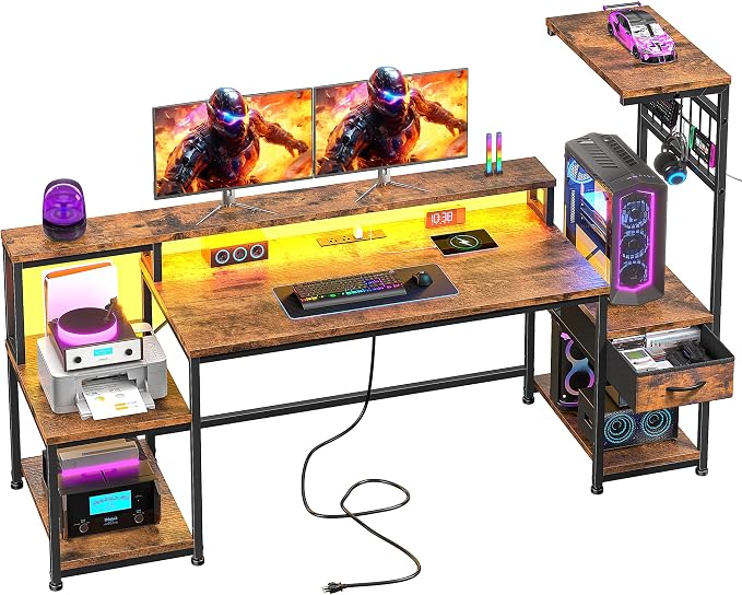 DurayLoly 63" Computer Desk with LED Lights & Outlets,Office Desk with Drawers & Monitor Stand,Gaming Desk with 3 Storage Shelves, Hooks& Printer Space for Game&Study Room,Home Office,Bedroom,Brown