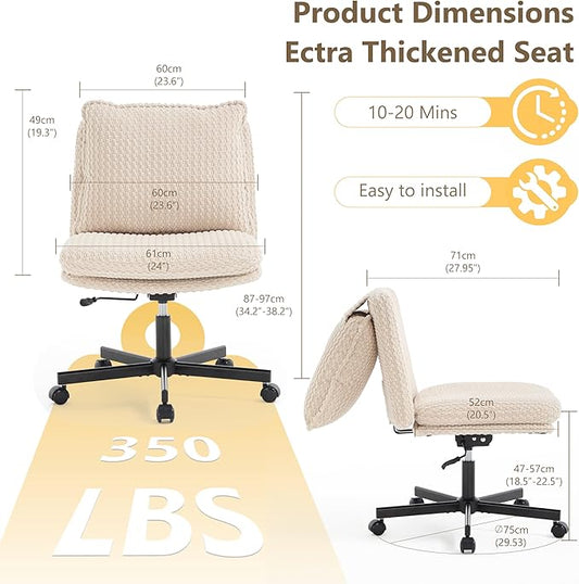 Fizzin Criss Cross Chair,Armless Cross Legged Chair with Wheels,Memory Foam Seat Office Desk Chair with Flipable Back Cushion,Mid Back Swivel Chair for Home Office,Bedroom Vanity (Beige)
