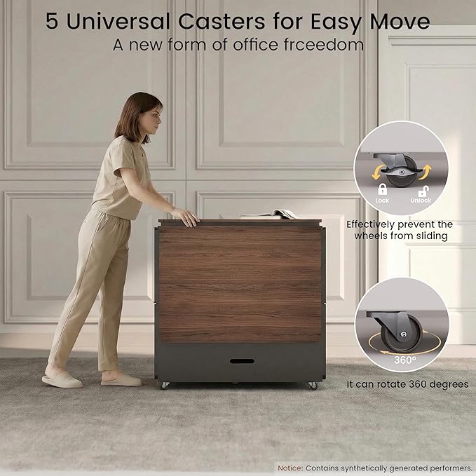 ModernMate 3-in-1 Folding Desk & File Cabinet, Fluted Multi-Storage Workspace with 4 Drawers, Lockable Wheels | Power Outlet | Fits A4/Letter Files, Space-Saving for Small Home Office, Black Walnut