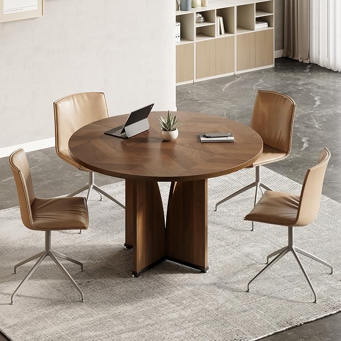 LITTLE TREE 39-Inch Conference Table for 4, Round Meeting Table with X-Shape Pedestal, for Office, Conference Room, Small Spaces, Dark Brown