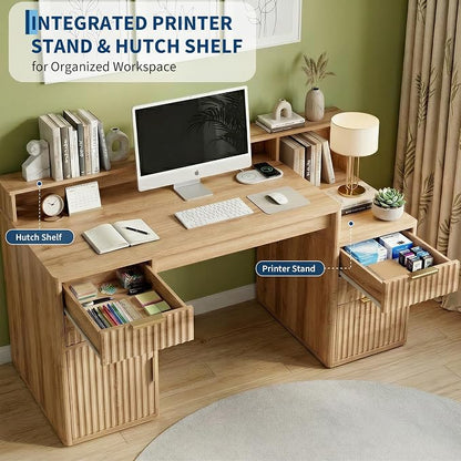 IDEALHOUSE Rectangular Computer Desk with Hutch & Printer Stand, Ripple Door Storage Home Office Desk, Space-Saving Study Writing Desk for Bedroom, Sturdy Board Student Desk with Easy Assembly