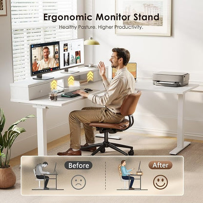 Casaottima 59 Inch Electric L-Shaped Standing Desk with Drawers, Height Adjustable Stand Up Corner Desk with Monitor Stand, Lift Table for Home, Office, Workstation, White