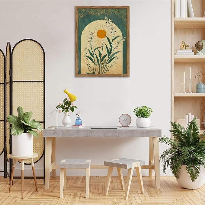 Framed Boho Wall Art, Lily of the Valley Emerald Green Sun Canvas, Mystical Country Botanical Wall Decor, Spiritual Flowers Poster Pictures Print for Bedroom Living Room – 12x16 inch