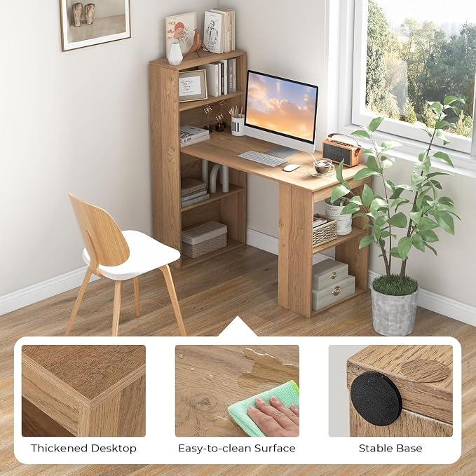 LDAILY Computer Desk with Bookshelf, 48” Modern Office Desk w/ 6-Tier Storage Shelves, CPU Stand, Wider Base, 3-in-1 Reversible Study Table, Writing Desk for Home Office, Bedroom, Study Room (Natural)