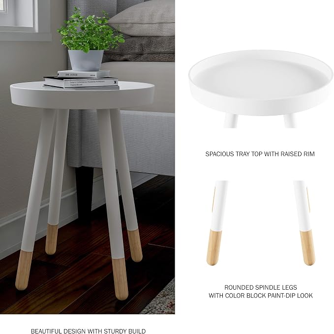 Lavish Home Round End Table Set of 2 – 17 Inch Small Round Side Table Set with Tray Tops and Color-Block Spindle Legs – Wooden Mid Century Modern Living Room Furniture (White)