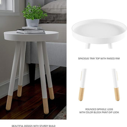 Lavish Home Round End Table – 2-Tone Mid-Century Modern Home Accent Table with Tray Top for Living Room, Bedroom, or Office (White)