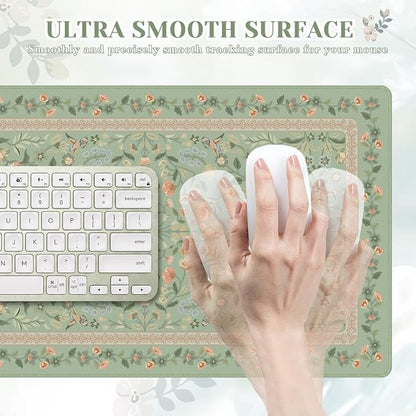 iCasso Aesthetic Flower Mouse pad for Laptop, Desk Pad Mat, Desk Matt for Desktop 13.7"x23.6", Anti-Slip Mousepad with Stitched Edges for Laptop Computer Keyboard(Light Green)
