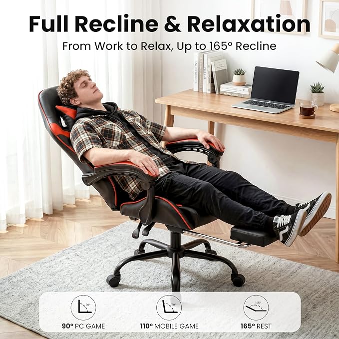Gaming Chair, Ergonomic Computer Chair with Footrest and Lumbar Support, Height Adjustable Office Chair with 360° Swivel Seat and Headrest (Red & Black)