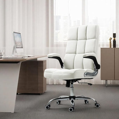 ECOTOUGE Executive Office Chair, Velvet Ergonomic Comfy Desk Chair, High Back Computer Chair with Adjustable Tilt Angle and Flip-up Arms, Beige, Without Footrest