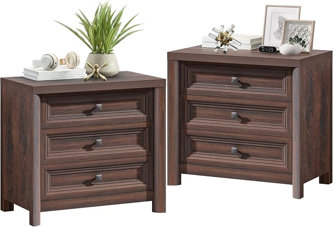 Walnut Nightstands Set of 2, Farmhouse Wood Night Stand with 3 Drawers and Metal Knobs, 24.8” Tall Bedside Table with Storage, Rustic End Table for Living Room Bedroom Side Table Home Office