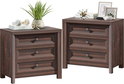 Walnut Nightstands Set of 2, Farmhouse Wood Night Stand with 3 Drawers and Metal Knobs, 24.8” Tall Bedside Table with Storage, Rustic End Table for Living Room Bedroom Side Table Home Office