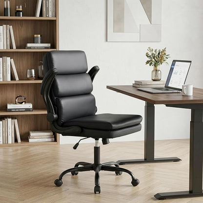 Mid Back Office Desk Chair,Leather Conference Room Chairs,Ergonomic Home Computer Chair,Modern Executive Chair with Padded Flip-up Armrest and Swivel Wheels (Black)